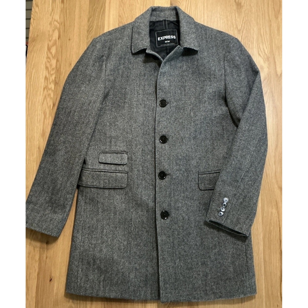 Express Wool Blend Overcoat Mens M Gray Herringbone Topcoat Long Coat Tweed